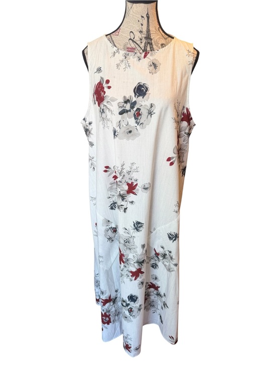Tendency Dresses & Skirts - Sleeveless White Floral Maxi Dress with Red and Gray Blooms